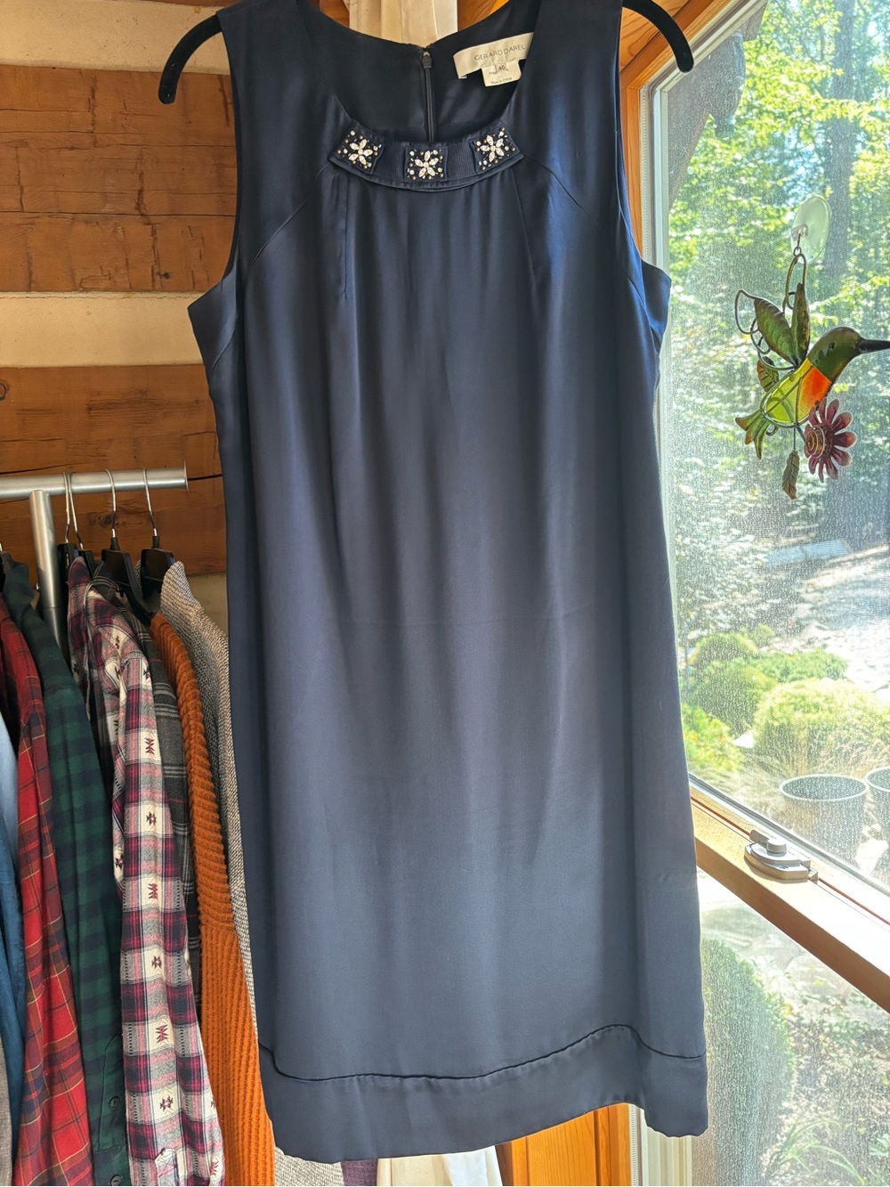 Navy Embellished Sleeveless Silk Shift Dress